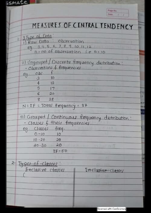 First page of Measure of Central Tendency notes