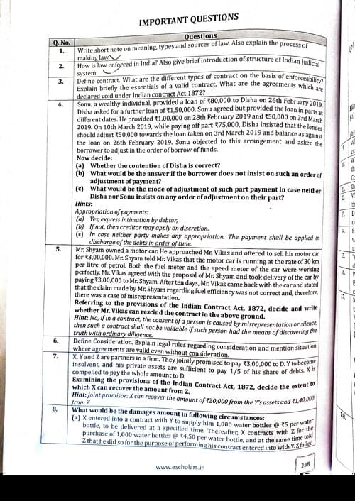 First page of Important questions business law for ca foundation exam