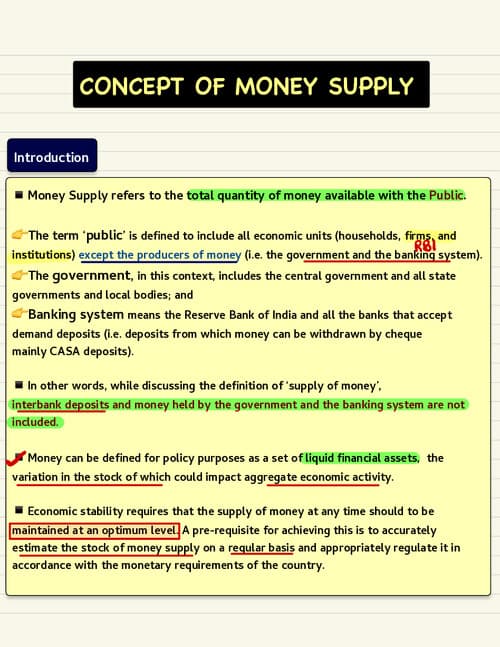 First page of Business Economics Ch 8 Unit 2 The Concept of Money Supply Detailed Notes By CA Hardik Manchanda