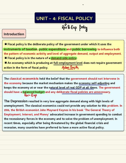 First page of Business Economics Ch 7 Unit 4 Fiscal Policy Detailed Notes By CA Hardik Manchanda