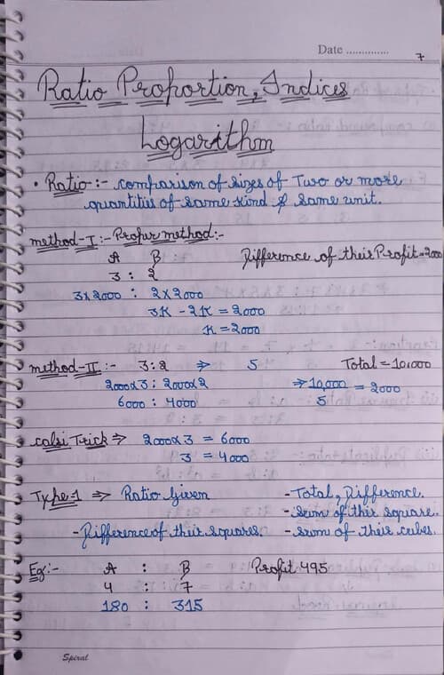 First page of Ratio, Proportion, Indices & Logarithm Handwriting Notes..