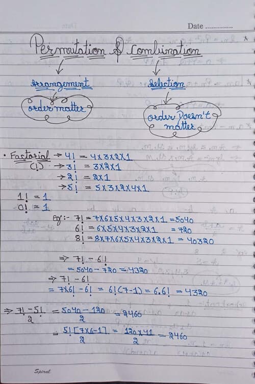 First page of Permutation and Combination notes