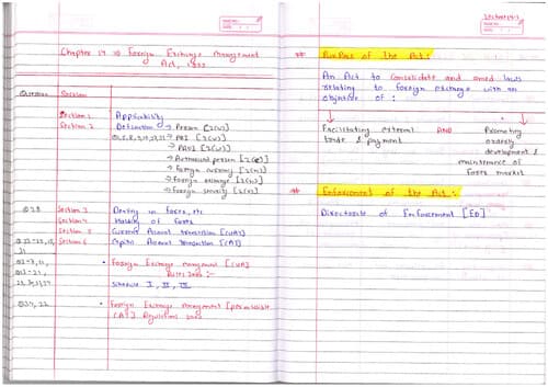 First page of CA Inter law , chapter = Foreign exchange management Act notes By Shubham singhal sir