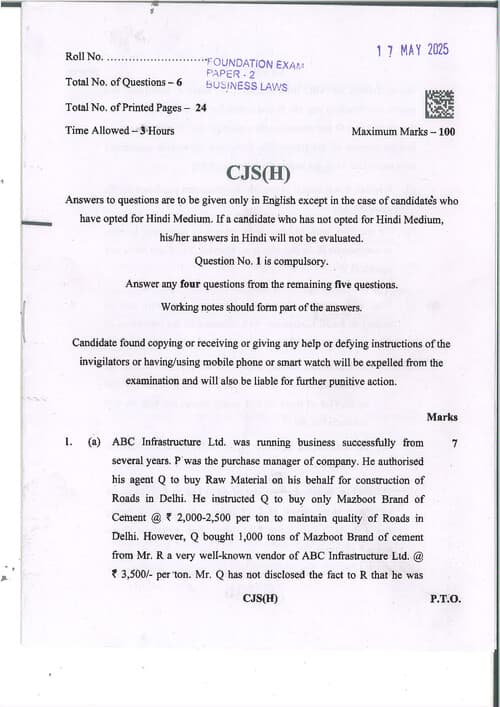 First page of CA foundation past paer MAY 2025 (business laws)