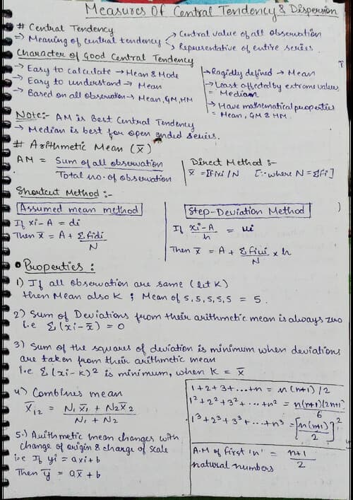 First page of Cheat notes for Measures of Central Tendency for formulas quick revision .
