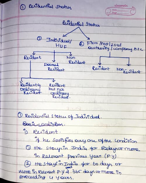 First page of Direct tax Residential status handwritten summary notes