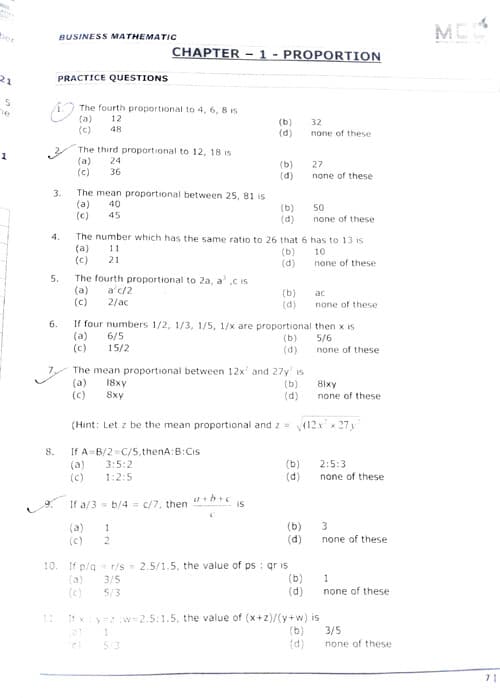 First page of Ratio and proportion MCQ practice questions