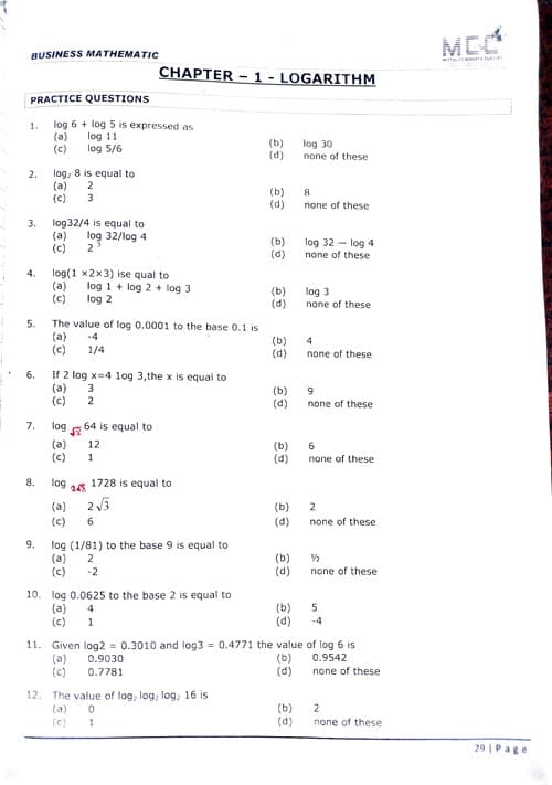 First page of Logarithm CA Foundation MCQ practice questions