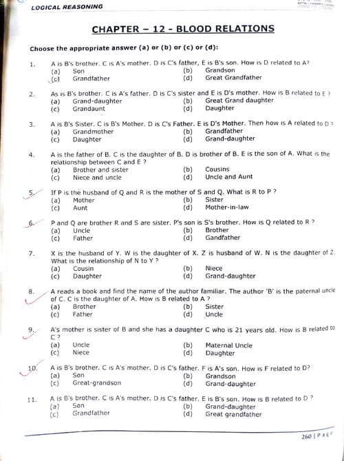 First page of Blood relation CA foundation Quantitative aptitude MCQ practice questions