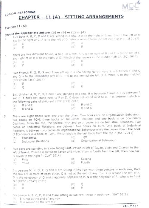 First page of Sitting Arrangement Quantitative aptitude CA Foundation MCQ practice questions