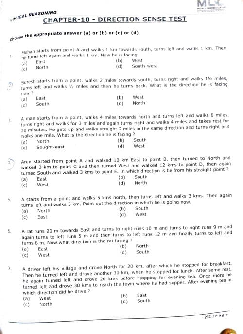 First page of Direction sense test CA Foundation MCQ practice questions