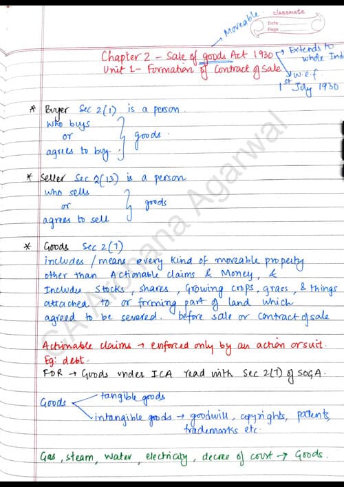 First page of The Sale of Goods Act 1930, Unit 1 & 2 notes by Ca Archana Agarwal
