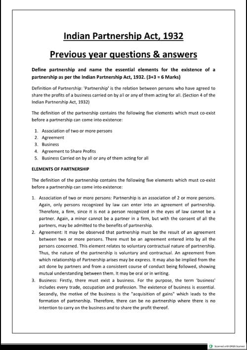 First page of Indain partnership Act, previous year question Business law