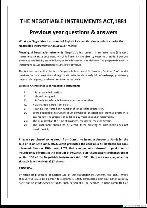 First page of Negotiable Instrument Act, previous year ques. Business law