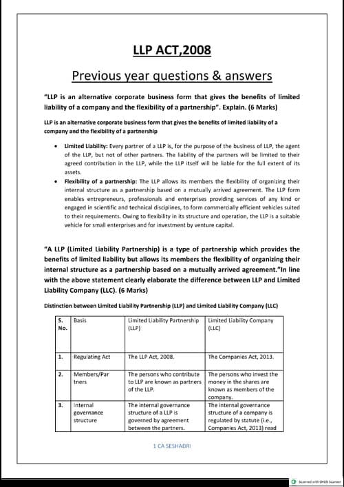 First page of LLP act, previous year question Business law