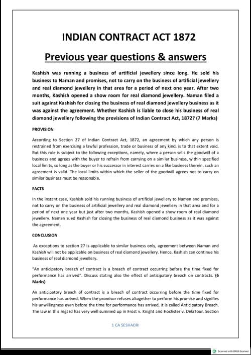 First page of Indian Contract Act, previous year Act