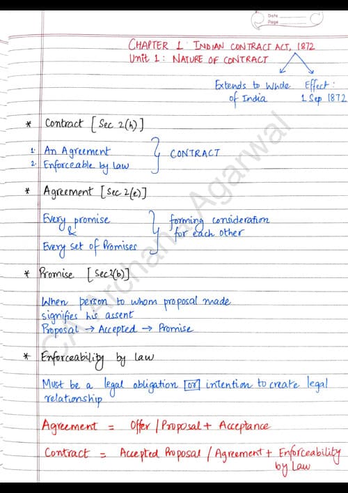 First page of Indian Contract Act 1872, Unit 1,2&3 Notes by Ca Archana Agarwal