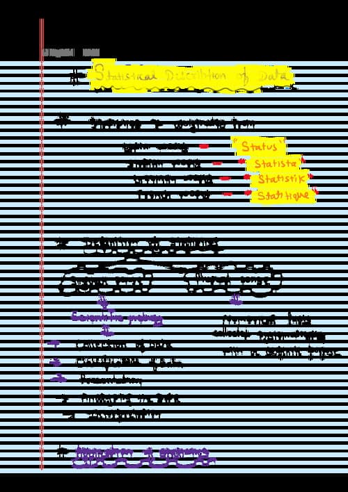 First page of Statistical description of data handwritten notes