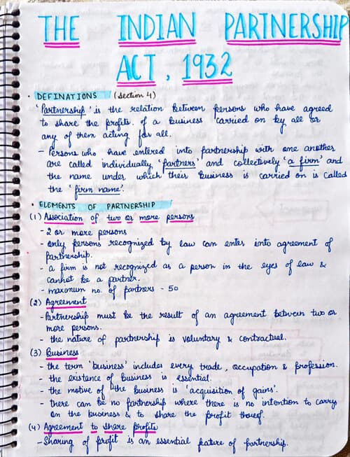 First page of Partnership act handwritten notes by vishvas ca