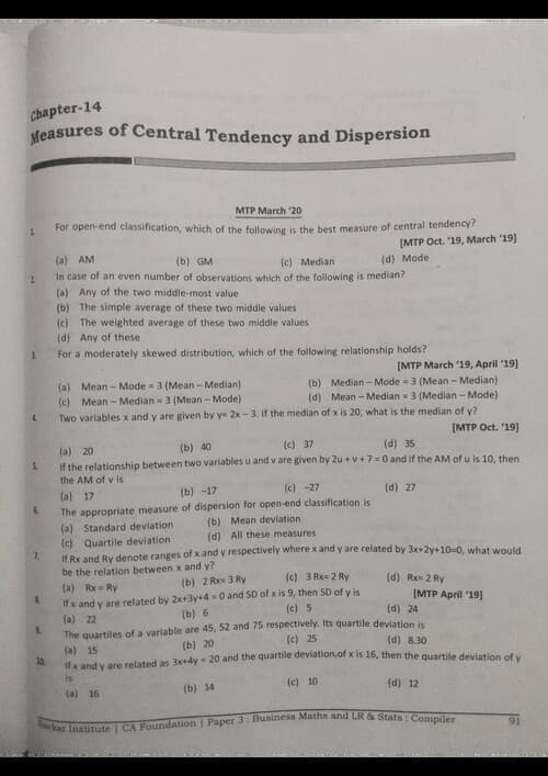 First page of QA central tendency and dispersion past year mtp practice questions with answer key