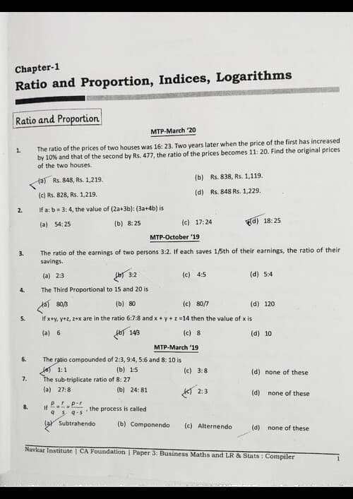 First page of QA ration and proportion, indices, logarithms past year mtp practice questions with answer keys