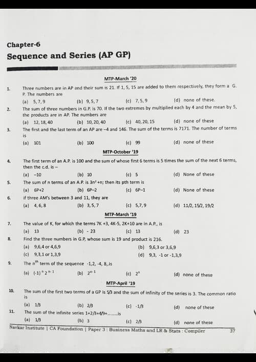 First page of QA sequences and series mtp past year practice questions with answer key