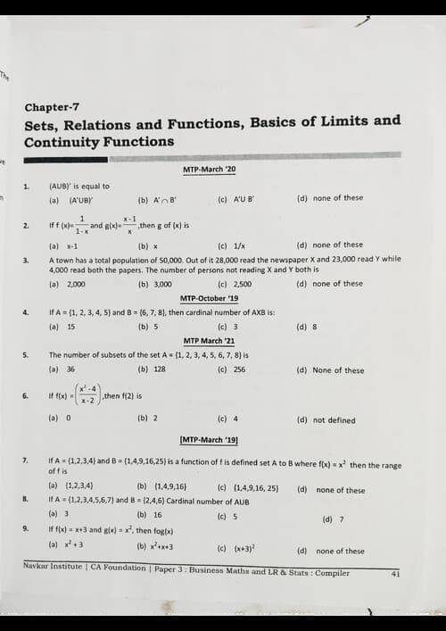 First page of QA sets, relations and functions, basics of limits and continuity functions past year mtps practice questions with answer key