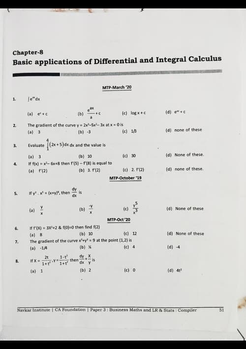 First page of QA basics of differential and integral calculus past year mtps practice questions with answer key