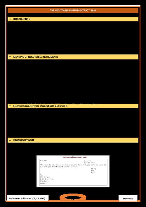 First page of Negotiable Instrument act short notes
