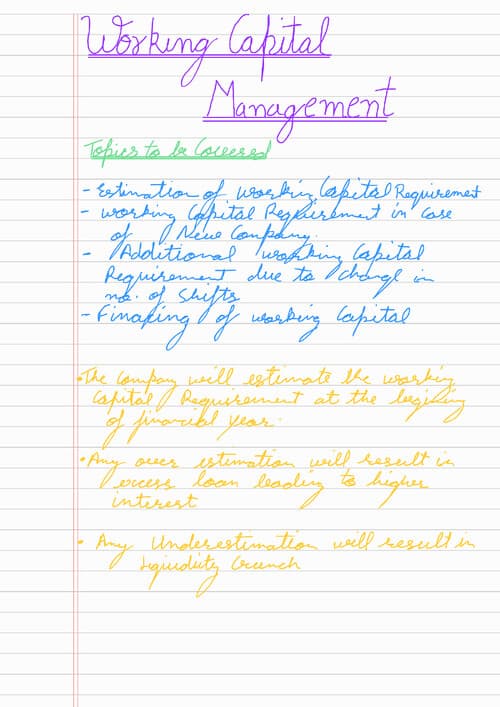 First page of handwritten Notes of working Capital management / Summary Nates