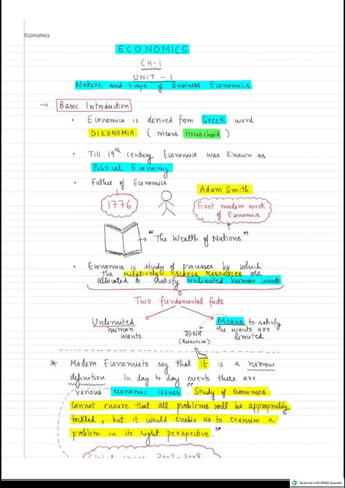First page of Business Economics handwritten notes of Ch (1) to (5) by Ca Parag Gupta