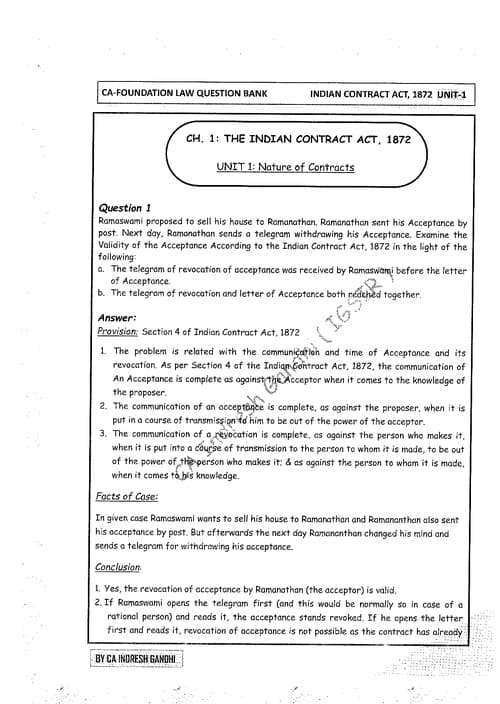 First page of CA foundation business law question bank by "Indresh Gandhi" sir all units cover of Indian contract act 1872.