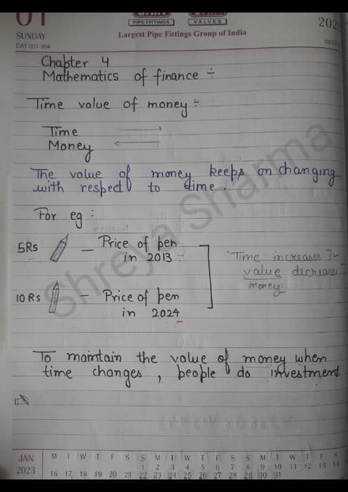 First page of mathematics of finance (time value of money) handwritten notes.. covering all questions of icai module...