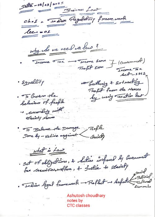 First page of CA Foundation Business law Ch=01 Indian Regulatory framework CTC Classes
