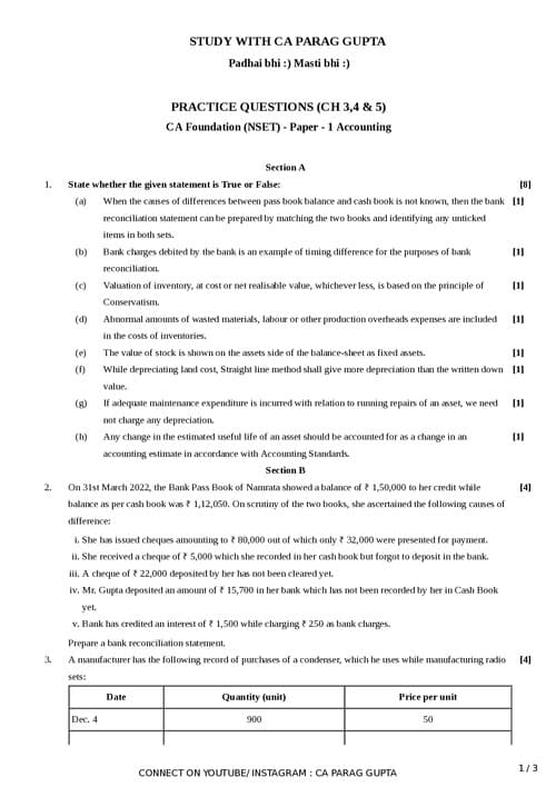 First page of Practice questions of (ch 3,4 &5) in accounts