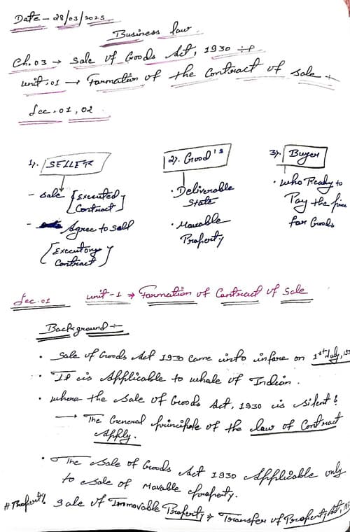 First page of CA FOUNDATION BUSINESS LAW CH=03 SALE OF GOODS ACT, 1930 UNIT=01 Formation of the contract of sale CTC CLASSES BY NOTES