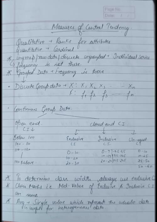 First page of Measures of Central tendency CA foundation notes with theory and important formulas.