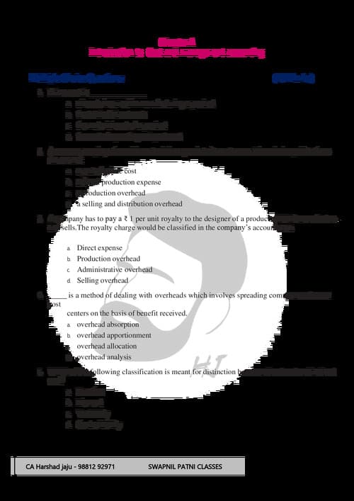 First page of CA inter costing question bank by CA harshad jaju