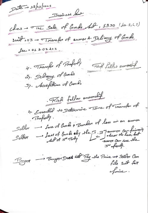 First page of Business law Ch=03 SOGA, 1930 Unit=03 Transfer of owner and Delivery of Goods CTC Classes by notes