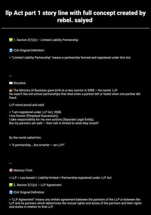 First page of Llp Act part 1 story line I can include: ICAI Original Definitions Story-style explanation Tricks & memory keys Diagrams or tables if you want