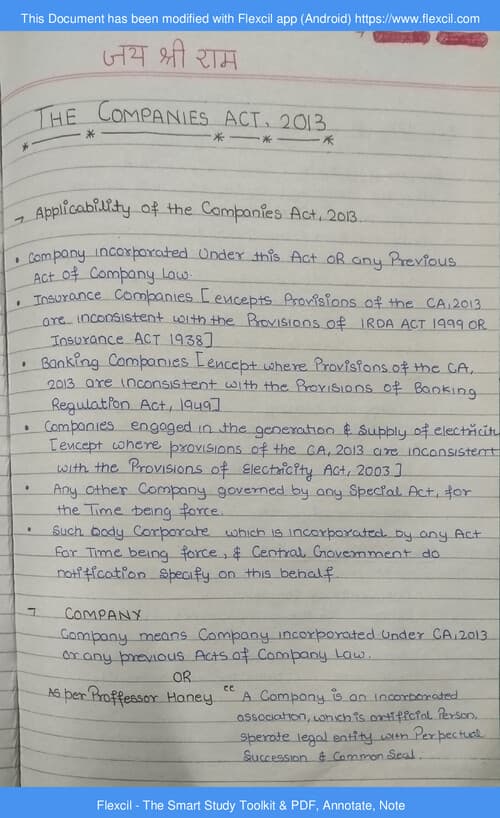 First page of The companies Act,2013 Handwritten notes
