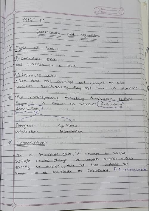 First page of Chapter 17 correlation and regression handwritten notes