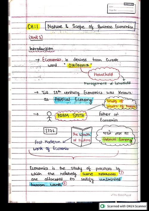 First page of Business eco chapter one handwritten notes
