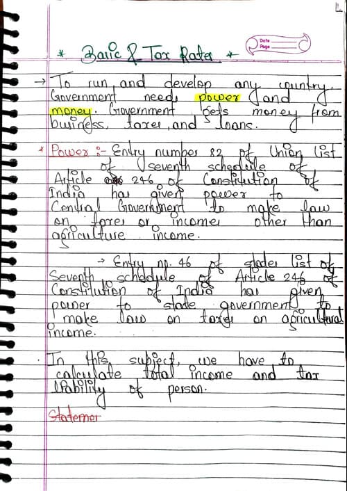 First page of Direct Tax (BB Sir ) Topic:- Basics & Tax Rates (PART-1) Hand Written Notes