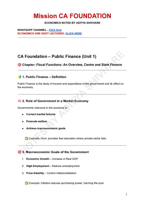 First page of Public finance unit 1 summary notes for revision by Aditya shivhare bhaiya