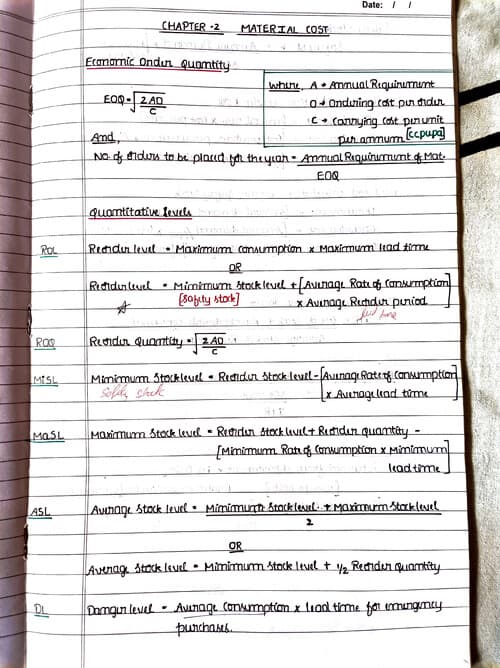 First page of This a brief costing summary handwritten notes prepared my myself. It includes following 1.formulas 2.last day revision theory