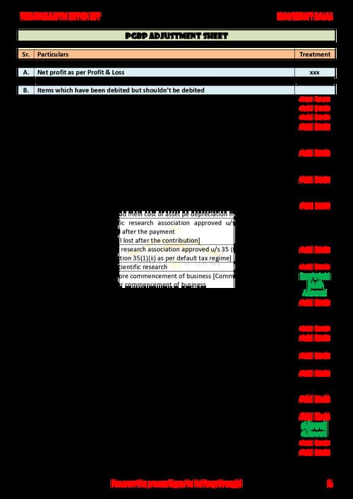 First page of PGBP Adjustment Sheet