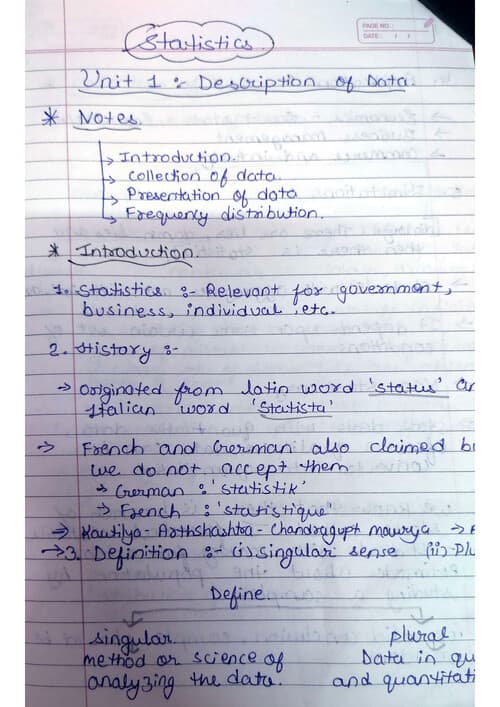 First page of Detailed handwritten notes of description of data (cover all theory)