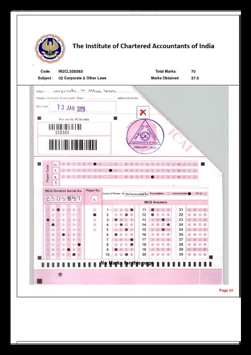 First page of Answer sheet AIR1 CA INTER of corporate and other laws