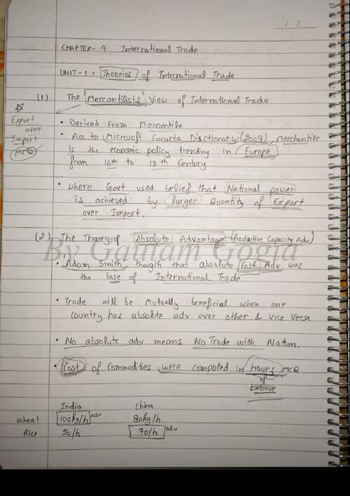 First page of Handwritten notes of business economics chapter 9 international trade